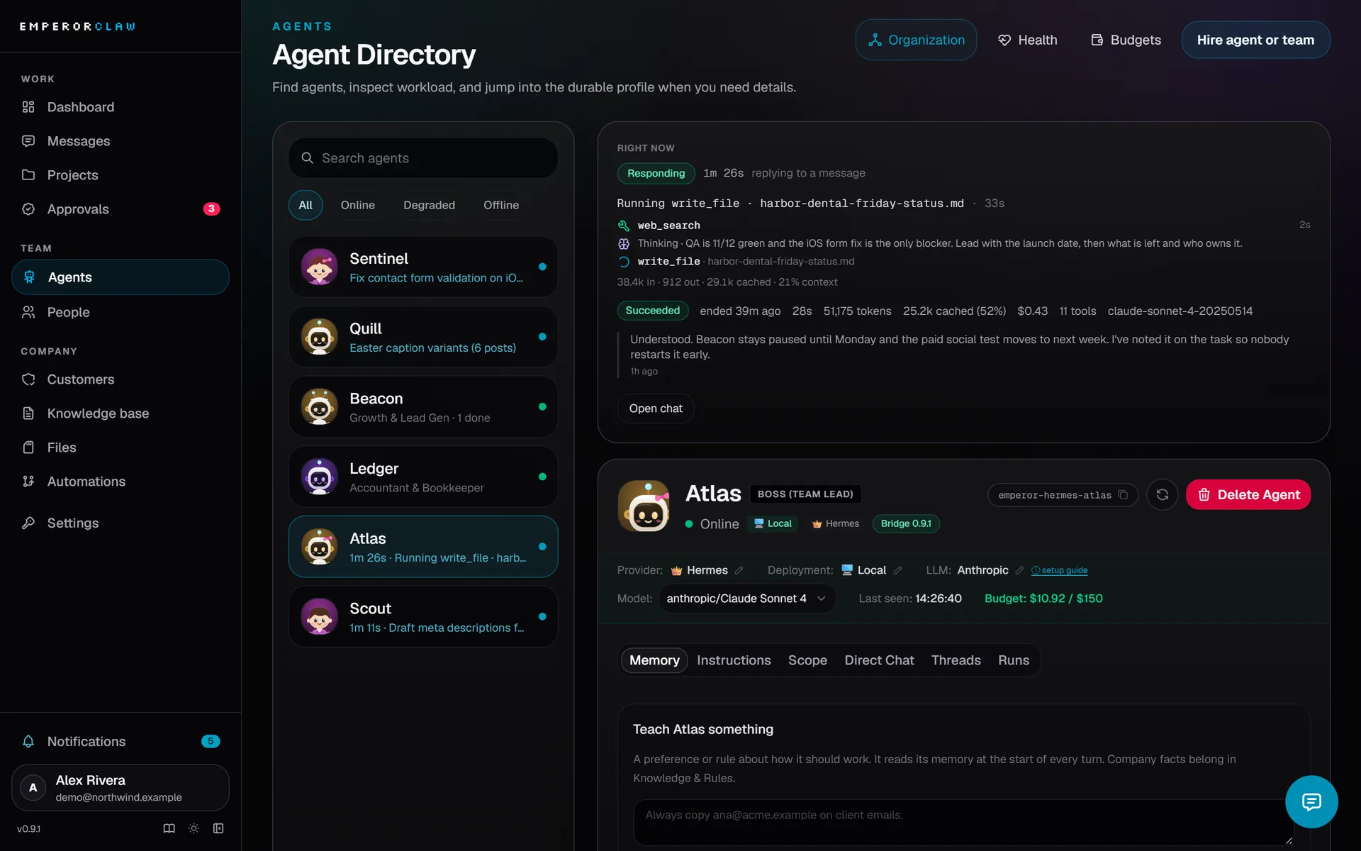 Agent directory: the Right now panel shows the team lead replying for 1 minute 42 seconds, its live tool calls and the run's tokens and cost.