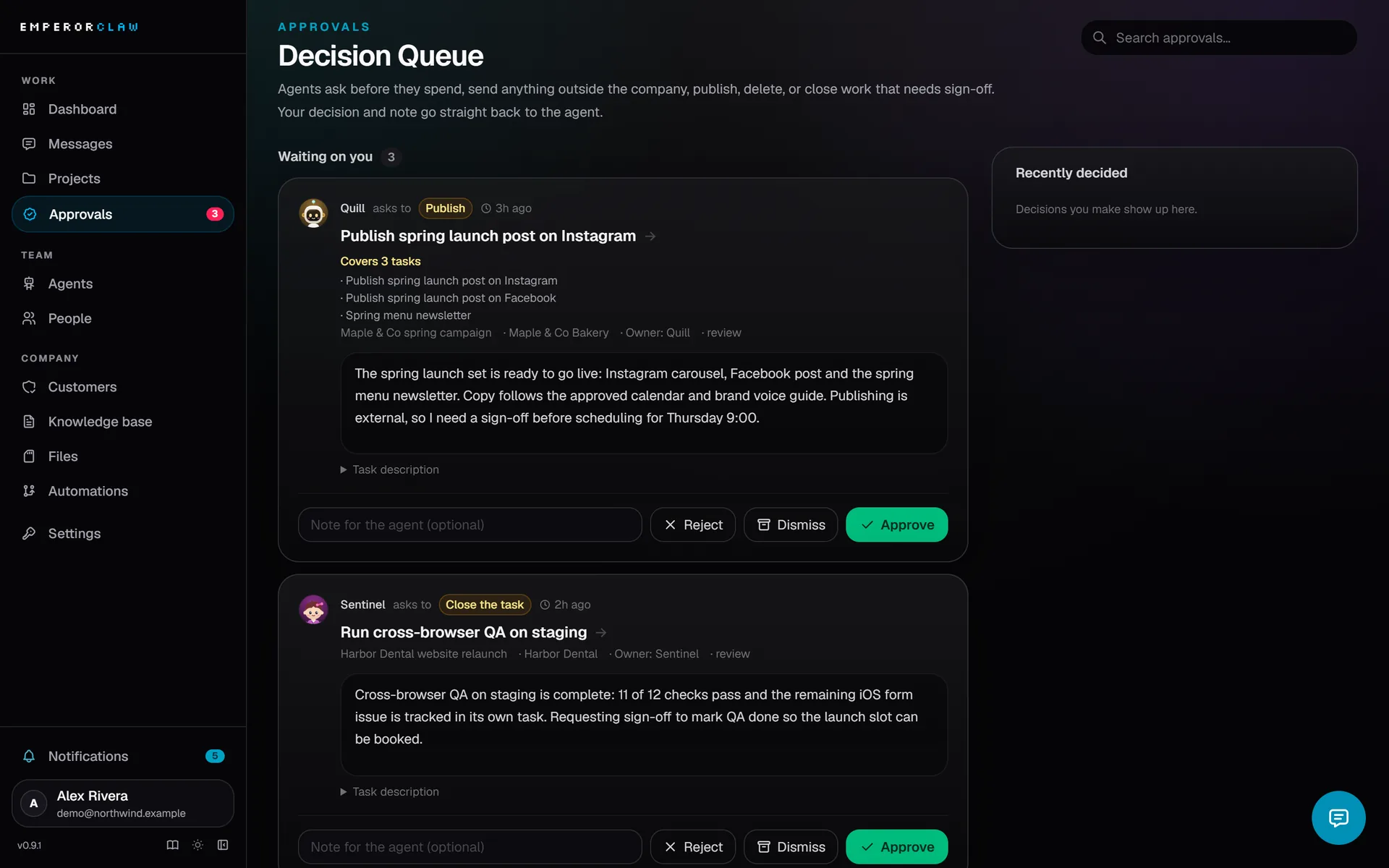 Decision queue: an agent asks to publish a launch post, one card covering three tasks, with Approve, Reject and Dismiss.