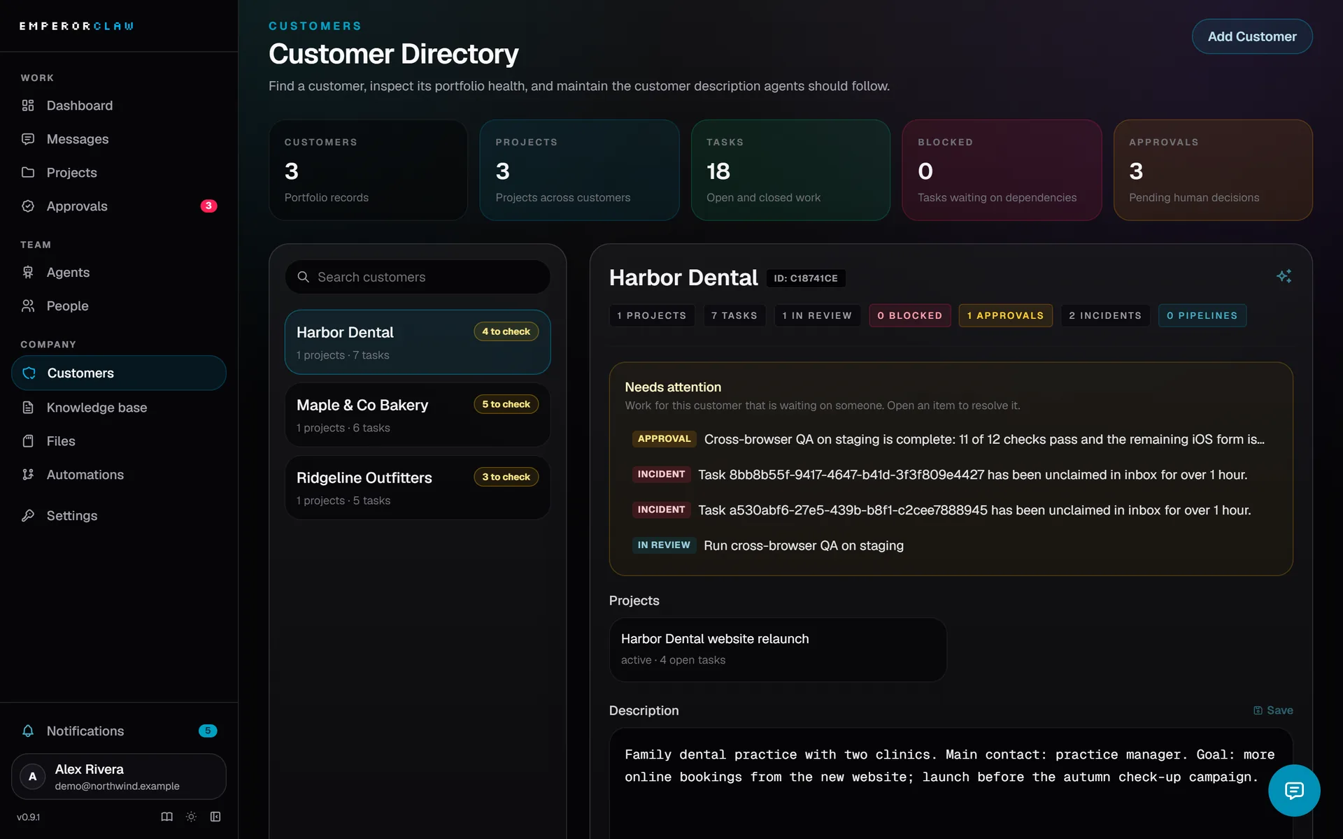 Customers: a directory of clients, each with its own work, files and knowledge.