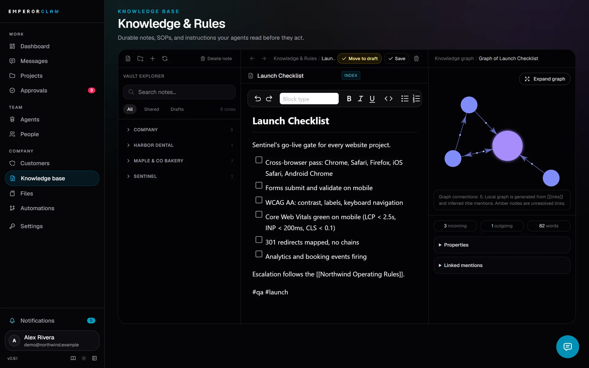 Knowledge and Rules: a launch checklist note with links and its knowledge graph.