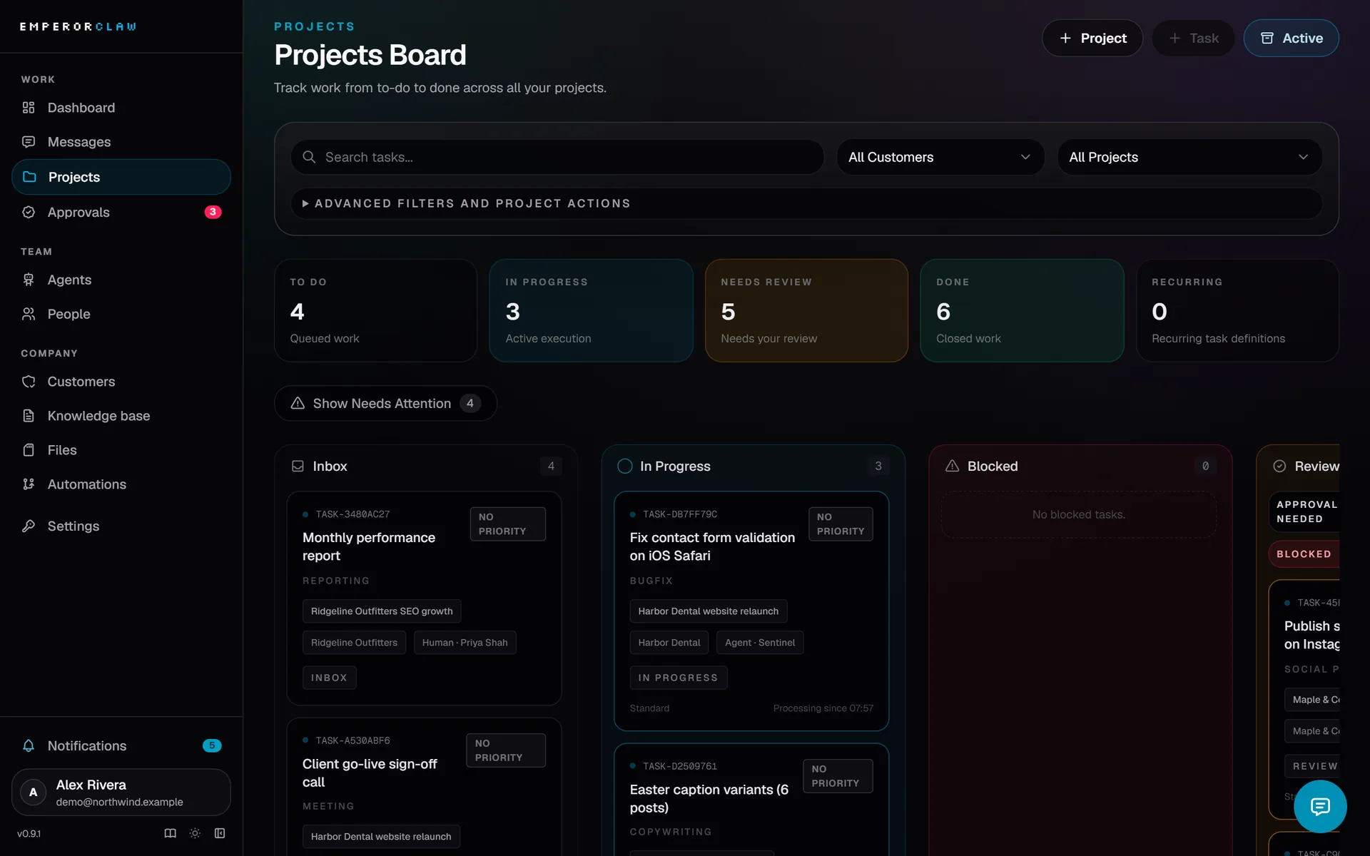 Projects board: to do, in progress, needs review and done, each task with one owner and client.